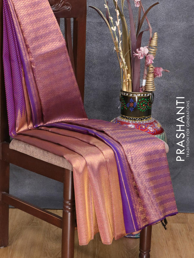 Pure kanjivaram silk saree deep purple with self emboss and raising temple design zari woven border - {{ collection.title }} by Prashanti Sarees