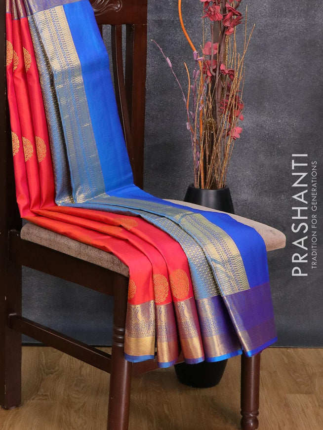 Pure kanjivaram silk saree dual shade of pinkish orange and cs blue with floral zari woven buttas and annam zari woven border - {{ collection.title }} by Prashanti Sarees
