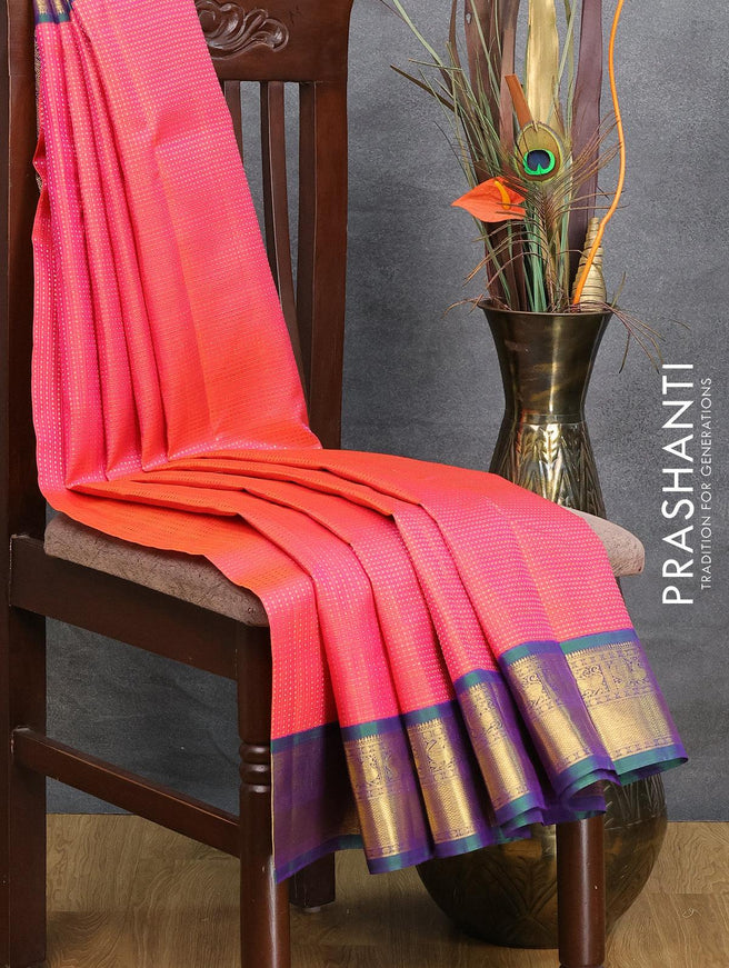 Pure kanjivaram silk saree dual shade of pinkish orange and dual shade of bluish green with allover zari weaves and zari woven border - {{ collection.title }} by Prashanti Sarees