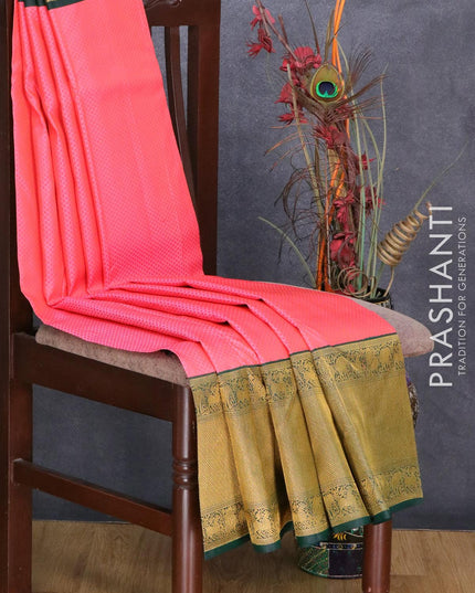 Pure kanjivaram silk saree dual shade of pinkish orange and green with allover self emboss and long rich zari woven korvai border - {{ collection.title }} by Prashanti Sarees