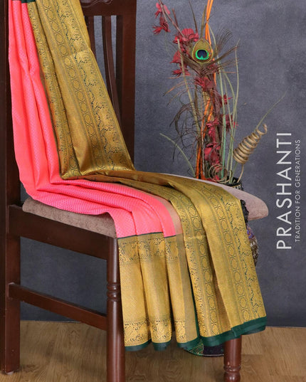 Pure kanjivaram silk saree dual shade of pinkish orange and green with allover self emboss and long rich zari woven korvai border - {{ collection.title }} by Prashanti Sarees