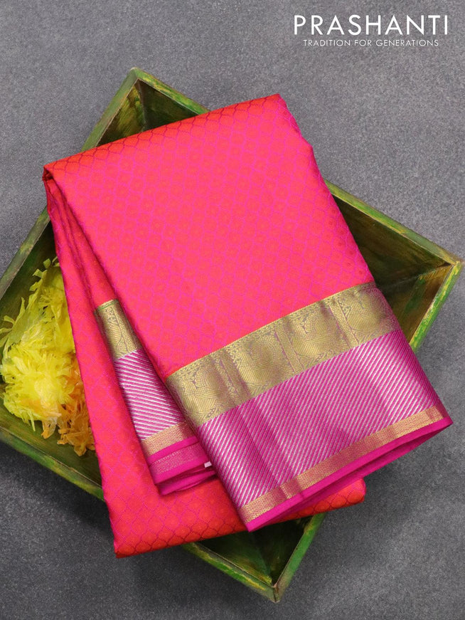 Pure kanjivaram silk saree dual shade of pinkish orange and pink with allover self emboss and zari woven border - {{ collection.title }} by Prashanti Sarees