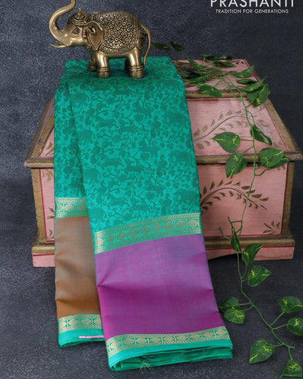 Pure kanjivaram silk saree dual shade of teal blue with allover thread weaves and ganga jamuna border - {{ collection.title }} by Prashanti Sarees
