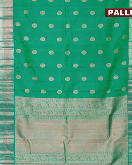 Pure kanjivaram silk saree dual shade of teal green and dual shade of pinkish orange with zari woven buttas and long rich zari woven border - {{ collection.title }} by Prashanti Sarees