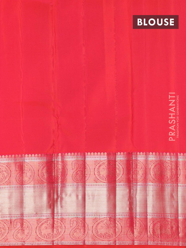 Pure kanjivaram silk saree dual shade of teal green and dual shade of pinkish orange with zari woven buttas and long rich zari woven border - {{ collection.title }} by Prashanti Sarees