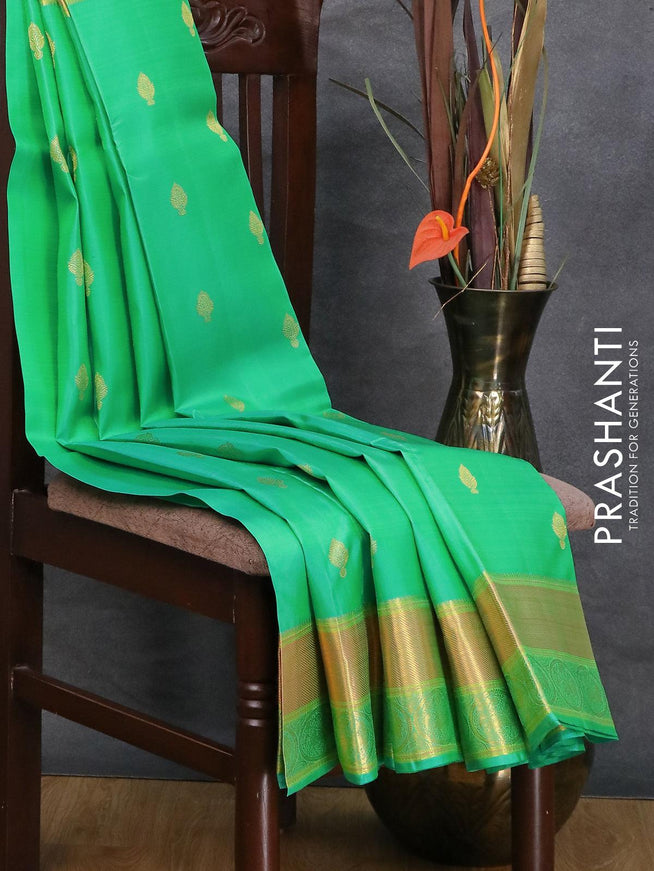 Pure kanjivaram silk saree dual shade of teal green with zari woven buttas and rich zari woven border Butta style - {{ collection.title }} by Prashanti Sarees