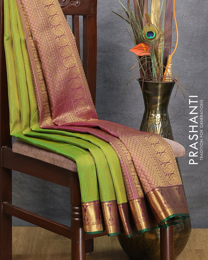 Pure kanjivaram silk saree green and deep purple with allover self emboss and rich zari woven border - {{ collection.title }} by Prashanti Sarees