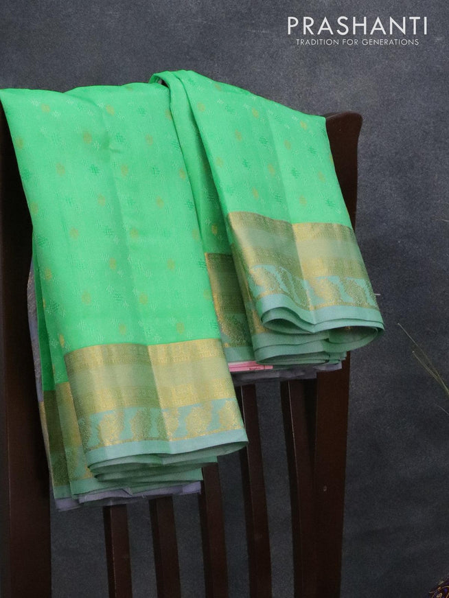 Pure Kanjivaram silk saree green and grey with allover self emboss & zari buttas and zari woven border - {{ collection.title }} by Prashanti Sarees