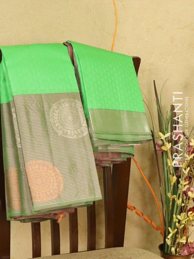 Pure kanjivaram silk saree green and pastal shade with allover self emboss and zari lines & zari butta border - {{ collection.title }} by Prashanti Sarees