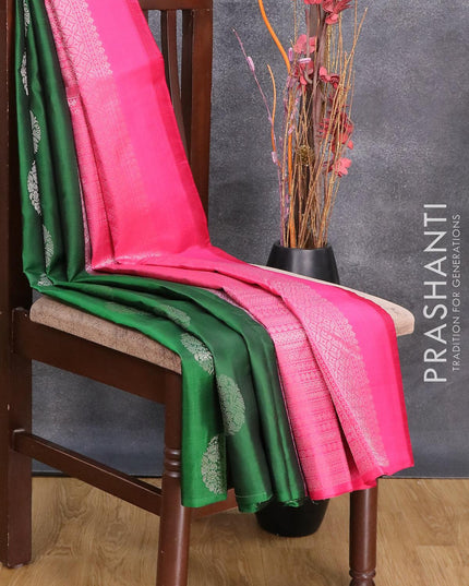 Pure kanjivaram silk saree green and pink shade with silver zari woven buttas in borderless style - {{ collection.title }} by Prashanti Sarees