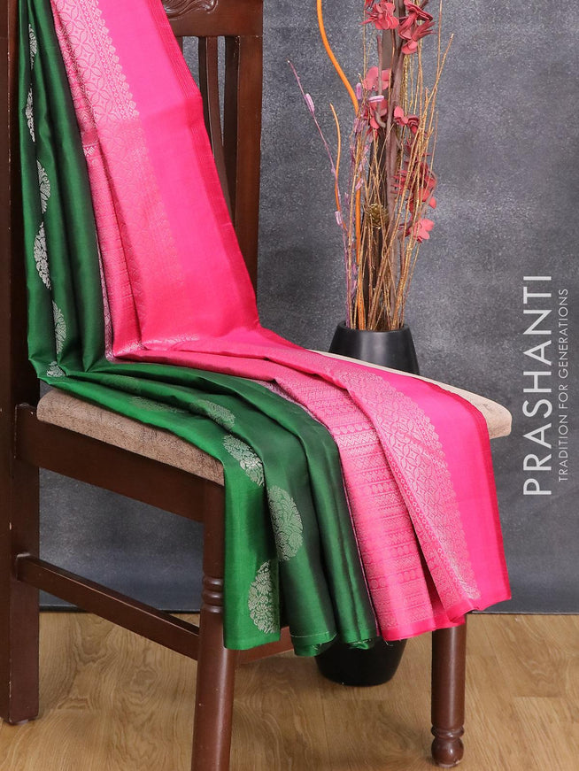 Pure kanjivaram silk saree green and pink shade with silver zari woven buttas in borderless style - {{ collection.title }} by Prashanti Sarees
