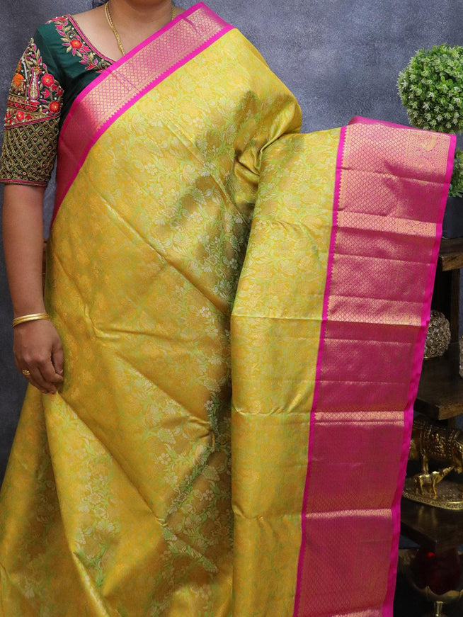Pure Kanjivaram silk saree green and pink with allover brocade weaves and long rich annam zari woven border - {{ collection.title }} by Prashanti Sarees