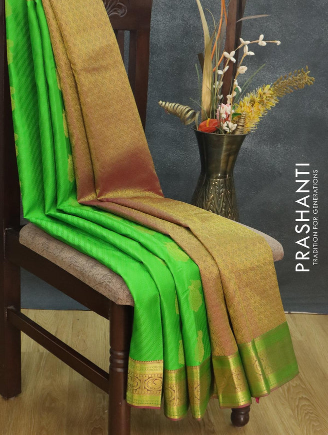 Pure Kanjivaram silk saree green and pink with allover self emboss & zari buttas and zari woven border - {{ collection.title }} by Prashanti Sarees