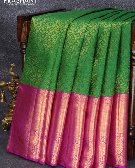Pure kanjivaram silk saree green and pink with allover zari woven brocade weaves and long rich annam design zari woven border - {{ collection.title }} by Prashanti Sarees