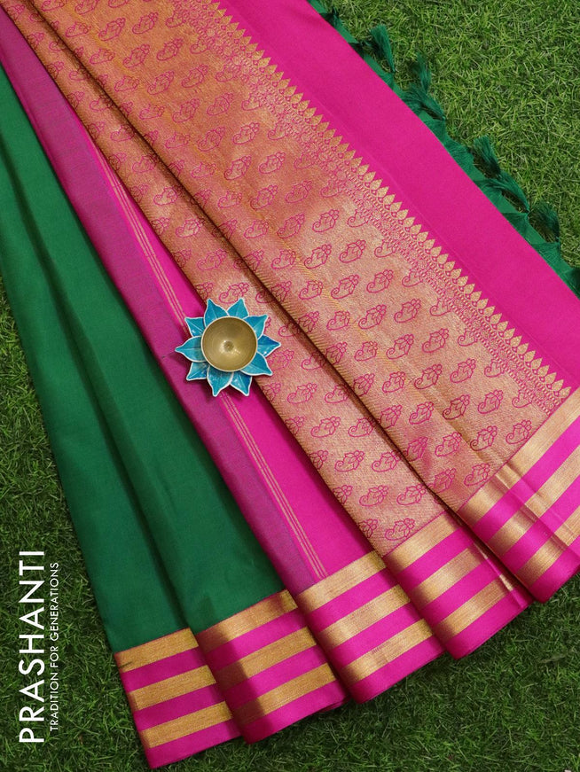 Pure Kanjivaram silk saree green and pink with plain body and zari woven border - {{ collection.title }} by Prashanti Sarees