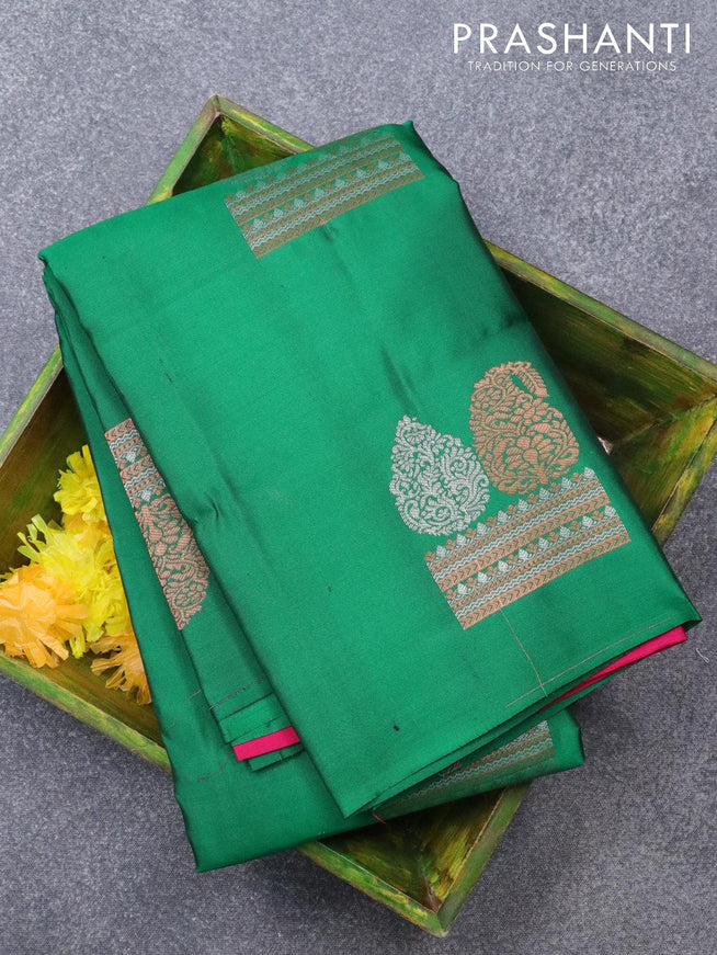 Pure kanjivaram silk saree green and pink with silver & copper zari woven buttas in borderless style - {{ collection.title }} by Prashanti Sarees