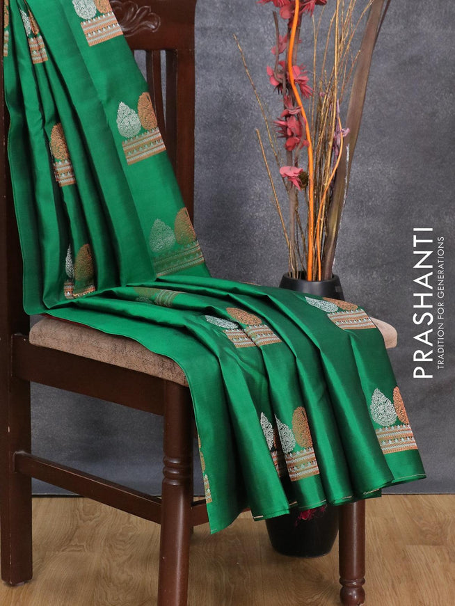 Pure kanjivaram silk saree green and pink with silver & copper zari woven buttas in borderless style - {{ collection.title }} by Prashanti Sarees