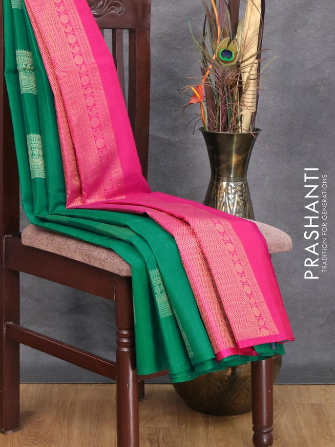 Pure kanjivaram silk saree green and pink with zari woven box type buttas in borderless style - {{ collection.title }} by Prashanti Sarees