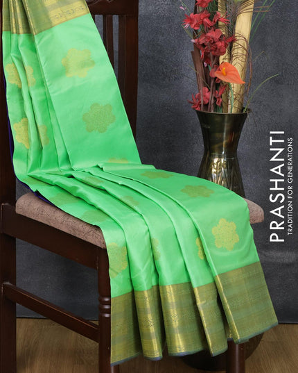 Pure kanjivaram silk saree green shade and blue with zari woven buttas and zari woven border - {{ collection.title }} by Prashanti Sarees