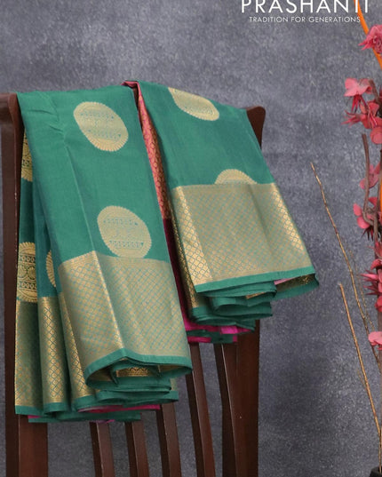 Pure kanjivaram silk saree green shade and pink with zari woven buttas and annam zari woven border - {{ collection.title }} by Prashanti Sarees