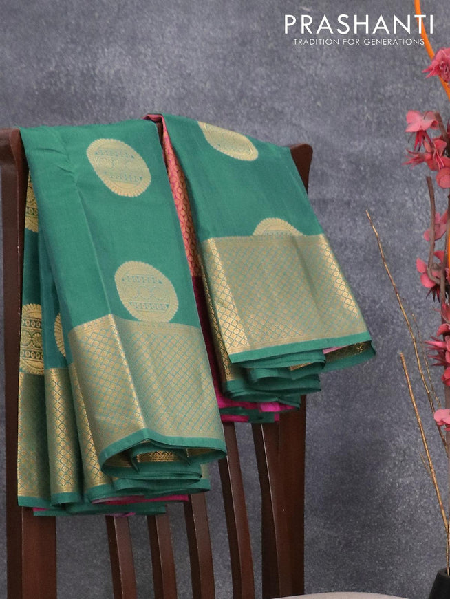 Pure kanjivaram silk saree green shade and pink with zari woven buttas and annam zari woven border - {{ collection.title }} by Prashanti Sarees