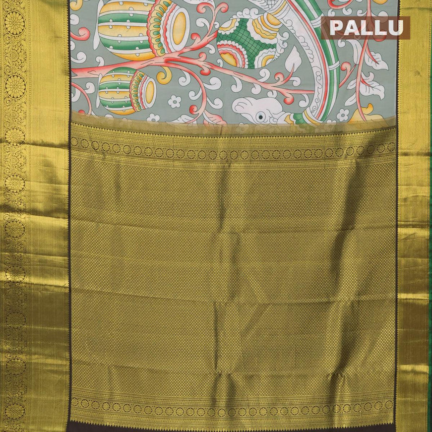 Pure kanjivaram silk saree grey and dark brown with allover kalamkari digital prints and zari woven border - {{ collection.title }} by Prashanti Sarees