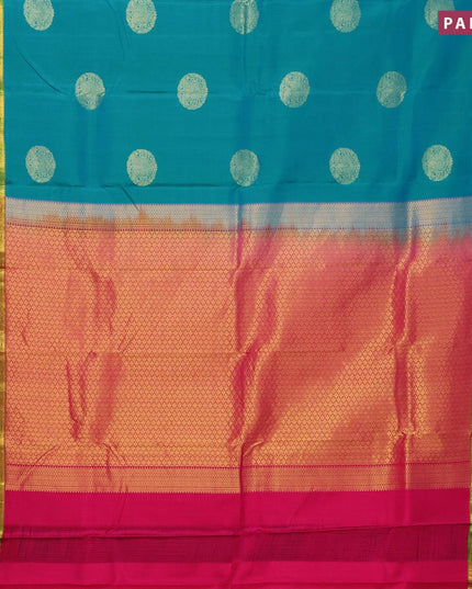 Pure kanjivaram silk saree light blue and green with zari woven buttas and annam zari woven border - {{ collection.title }} by Prashanti Sarees