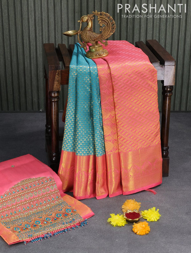 Pure kanjivaram silk saree light blue and peach pink with allover zari woven thilak brocade weaves and rich zari woven border and Embroidery work blouse - {{ collection.title }} by Prashanti Sarees