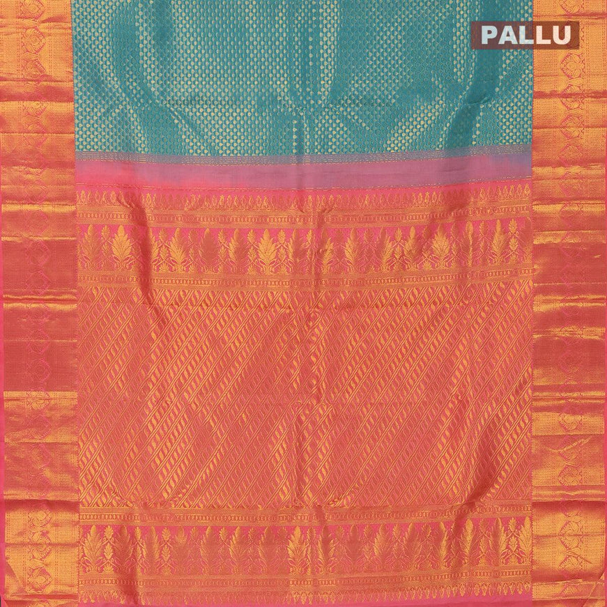 Pure kanjivaram silk saree light blue and peach pink with allover zari woven thilak brocade weaves and rich zari woven border and Embroidery work blouse - {{ collection.title }} by Prashanti Sarees