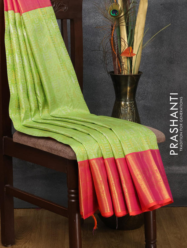 Pure kanjivaram silk saree light green and dual shade of orange with allover zari woven brocade weaves and rich zari woven border - {{ collection.title }} by Prashanti Sarees