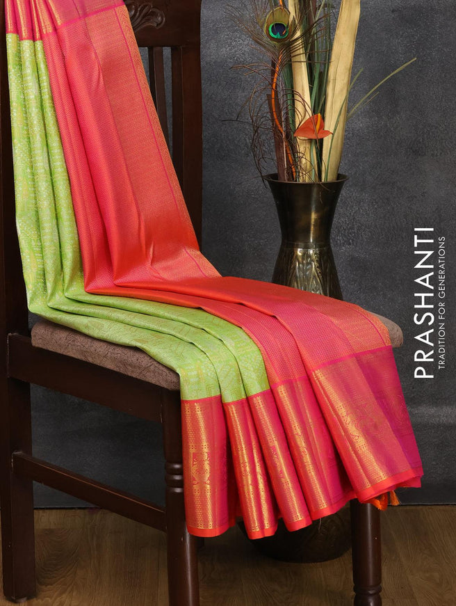 Pure kanjivaram silk saree light green and dual shade of orange with allover zari woven brocade weaves and rich zari woven border - {{ collection.title }} by Prashanti Sarees