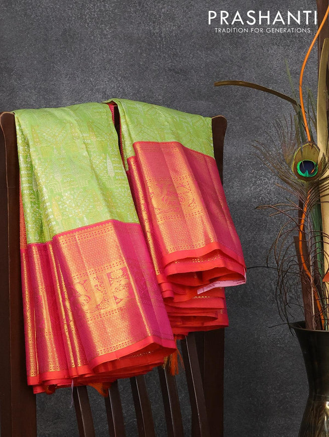 Pure kanjivaram silk saree light green and dual shade of orange with allover zari woven brocade weaves and rich zari woven border - {{ collection.title }} by Prashanti Sarees