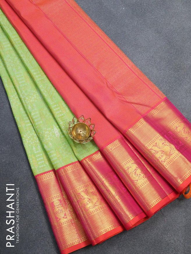 Pure kanjivaram silk saree light green and dual shade of orange with allover zari woven brocade weaves and rich zari woven border - {{ collection.title }} by Prashanti Sarees