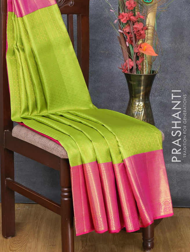 Pure kanjivaram silk saree light green and pink with allover brocade weaves and long rich zari woven border - {{ collection.title }} by Prashanti Sarees