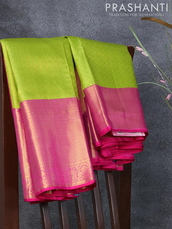 Pure kanjivaram silk saree light green and pink with allover brocade weaves and long rich zari woven border - {{ collection.title }} by Prashanti Sarees