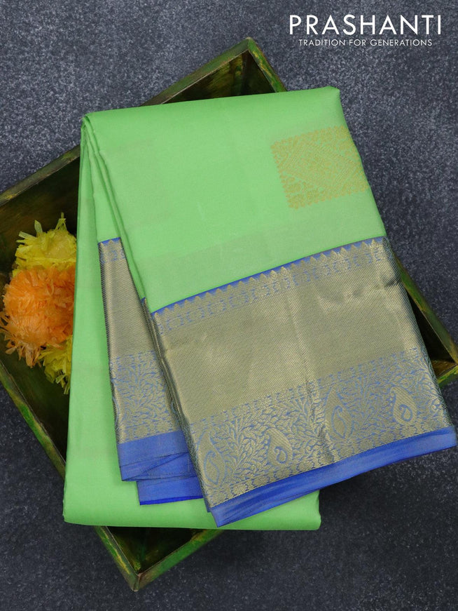 Pure kanjivaram silk saree light green shade and blue with geometric zari woven buttas and zari woven paisley border - {{ collection.title }} by Prashanti Sarees
