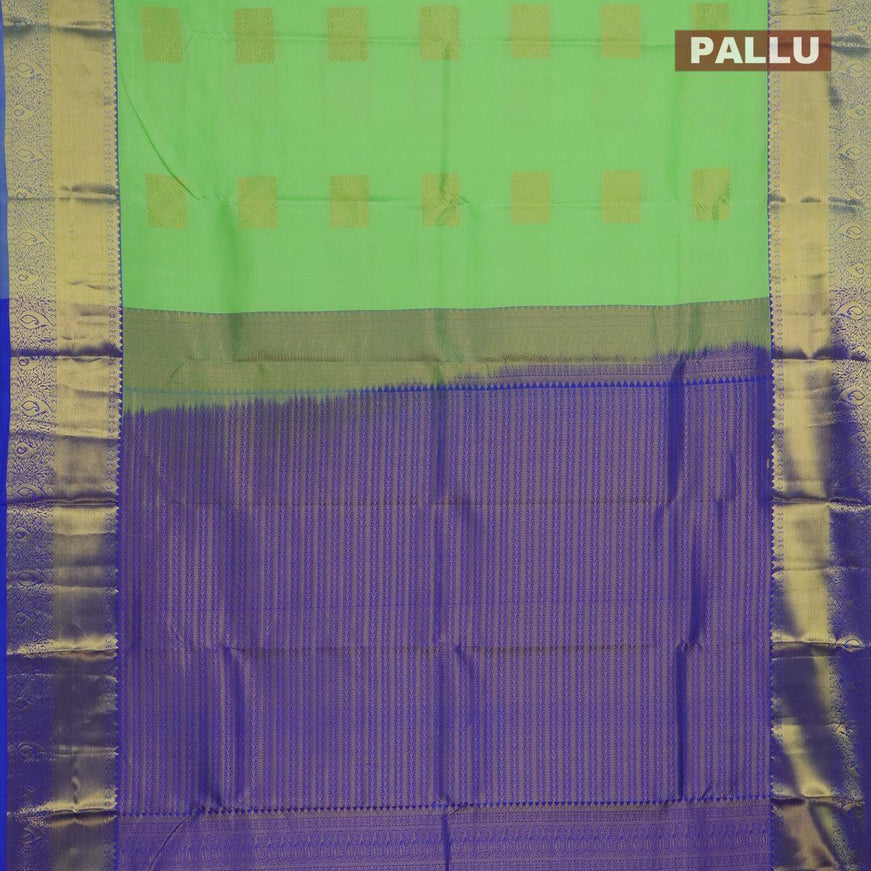 Pure kanjivaram silk saree light green shade and blue with geometric zari woven buttas and zari woven paisley border - {{ collection.title }} by Prashanti Sarees