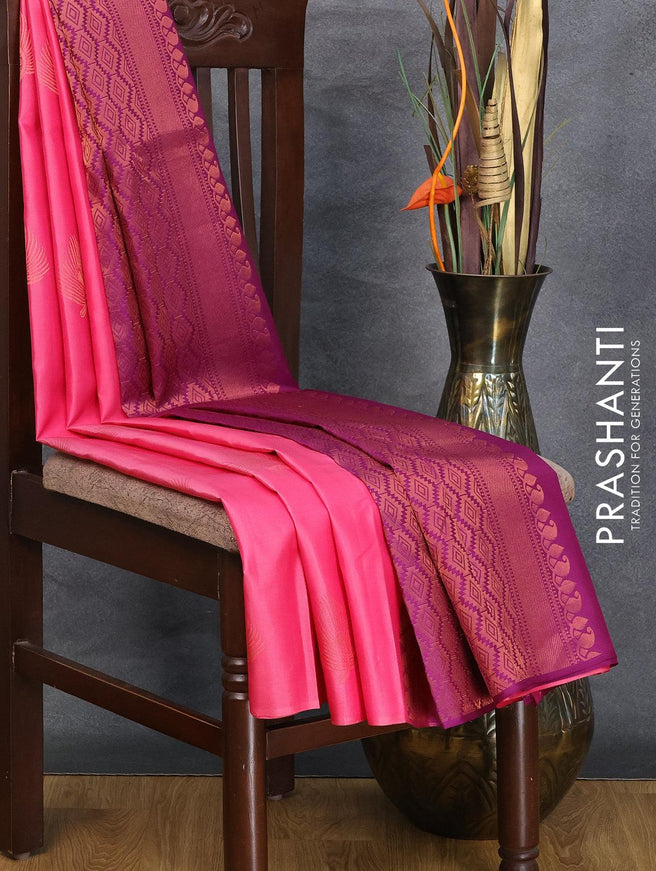 Pure kanjivaram silk saree light pink and deep purple with zari woven leaf buttas in borderless style - {{ collection.title }} by Prashanti Sarees