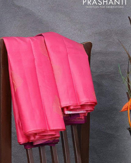 Pure kanjivaram silk saree light pink and deep purple with zari woven leaf buttas in borderless style - {{ collection.title }} by Prashanti Sarees