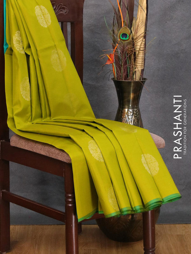 Pure kanjivaram silk saree lime green and green with silver zari woven buttas and piping border - {{ collection.title }} by Prashanti Sarees