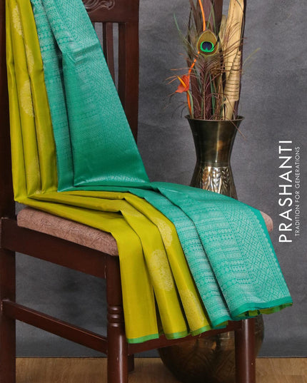 Pure kanjivaram silk saree lime green and green with silver zari woven buttas and piping border - {{ collection.title }} by Prashanti Sarees