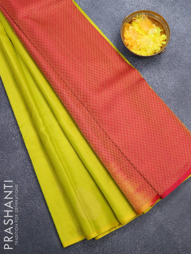 Pure kanjivaram silk saree lime yellow and dual shade of pink with allover zari weaves in borderless style - {{ collection.title }} by Prashanti Sarees