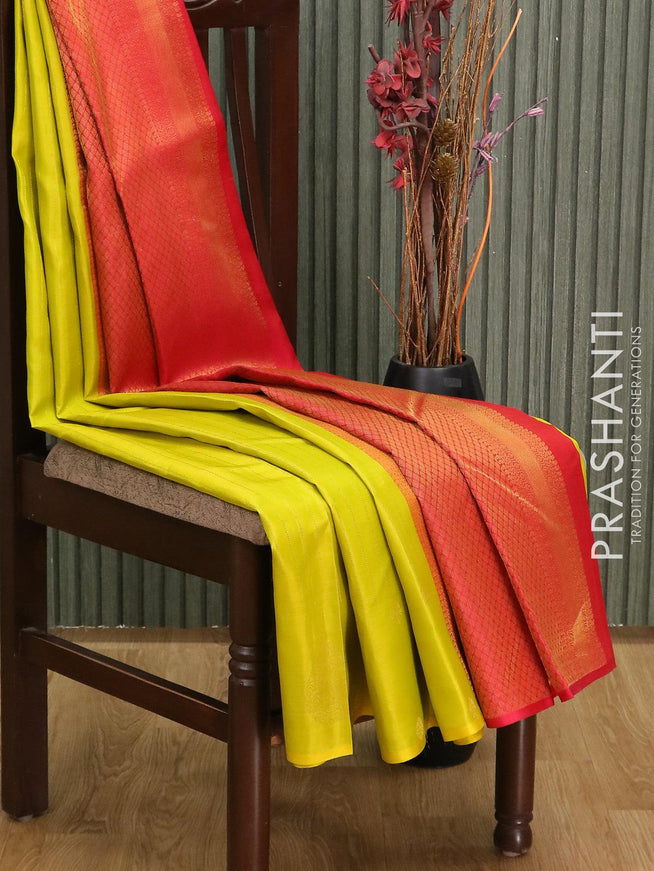 Pure kanjivaram silk saree lime yellow and dual shade of pink with allover zari weaves in borderless style - {{ collection.title }} by Prashanti Sarees