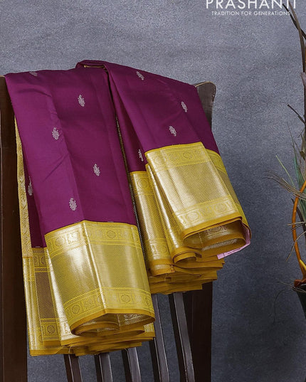 Pure kanjivaram silk saree magenta pink and yellow with silver zari woven buttas and silver zari woven border - {{ collection.title }} by Prashanti Sarees