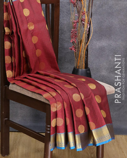 Pure kanjivaram silk saree maroon and cs blue with allover self emboss & zari buttas and zari woven paisley border - {{ collection.title }} by Prashanti Sarees