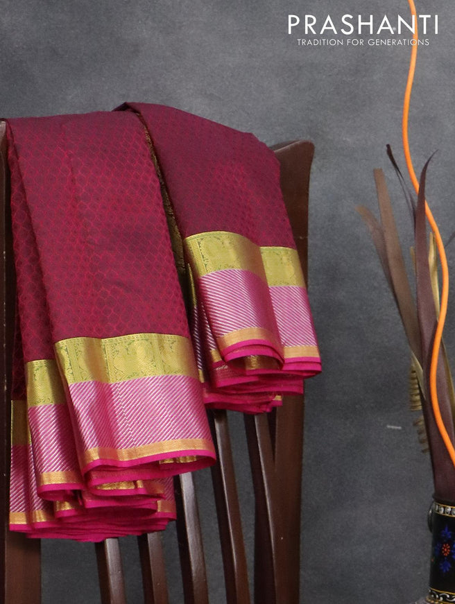 Pure kanjivaram silk saree maroon and pink with allover self emboss and zari woven border - {{ collection.title }} by Prashanti Sarees