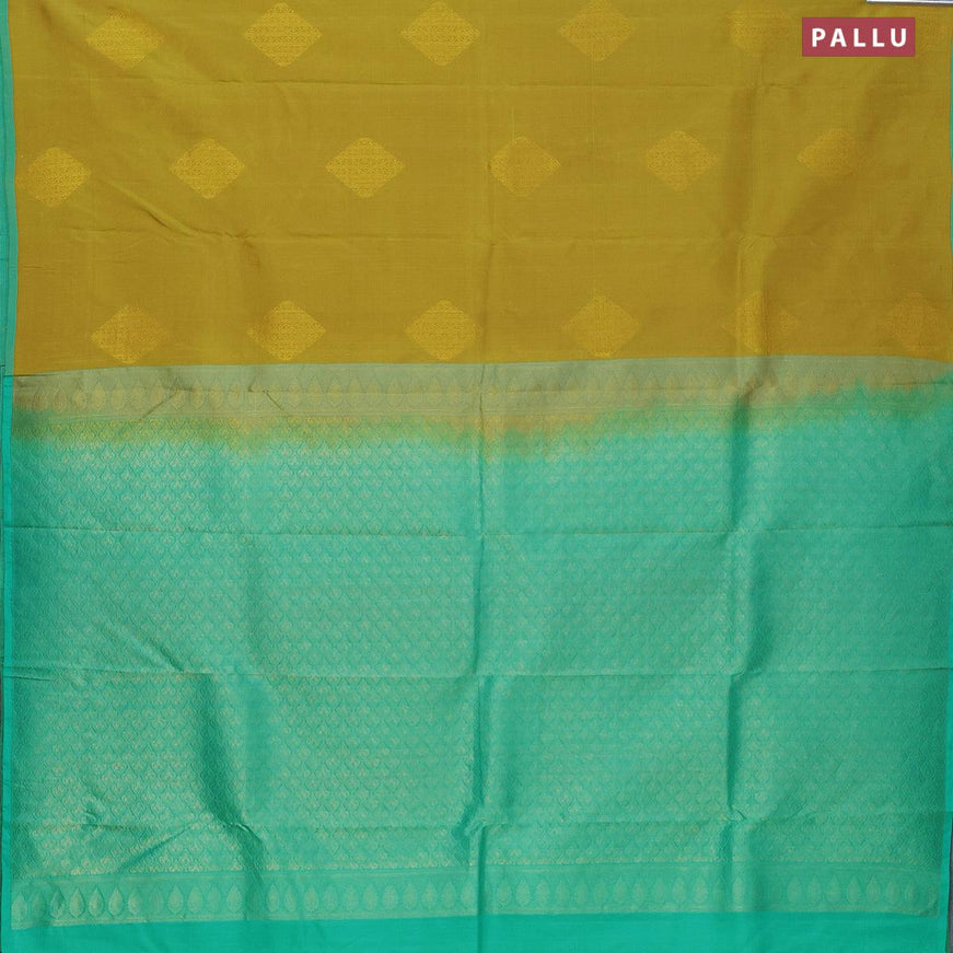 Pure kanjivaram silk saree mehendi green and teal blue with zari woven buttas and piping border - {{ collection.title }} by Prashanti Sarees