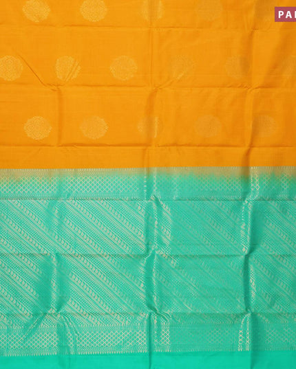 Pure kanjivaram silk saree mustard yellow and teal blue with zari woven buttas and piping border - {{ collection.title }} by Prashanti Sarees