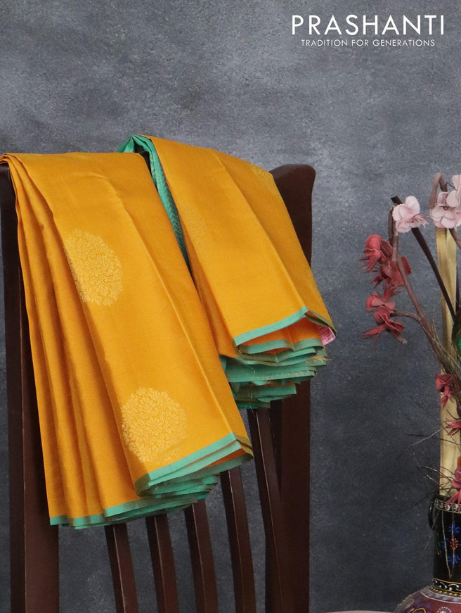 Pure kanjivaram silk saree mustard yellow and teal blue with zari woven buttas and piping border - {{ collection.title }} by Prashanti Sarees