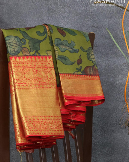 Pure kanjivaram silk saree olive green and red with allover digital kalamkari prints and long rich zari woven border - {{ collection.title }} by Prashanti Sarees